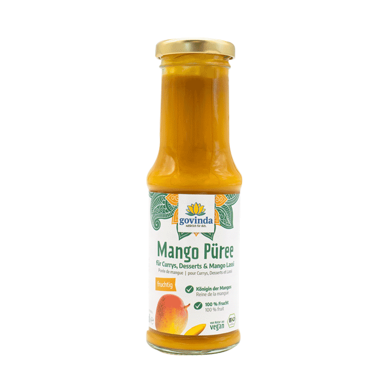 Fruchtig-frische Mango zu Püree verarbeitet. Ohne Zusätze ✓ vegan ✓ 100 % natürlich ✓
