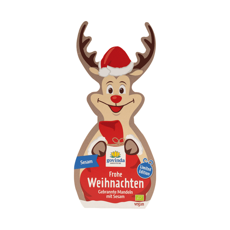 Rudi Rentier: Unsere im Kupferkessel gebrannten Mandeln mit Sesam versüßen dein Weihnachtsfest | vegan ✓ glutenfrei ✓